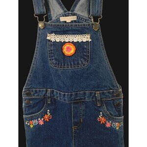 Self Esteem Girls Embroidered Bib Overall Jeans Shorts Size 5 Lace Pockets Denim